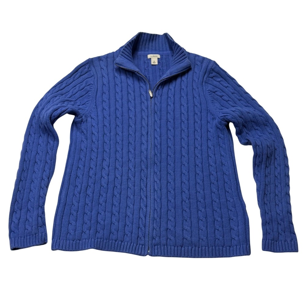 LL Bean Womens Large Zip Up Cable Knit Cardigan Blue Cotton Sweater Preppy
